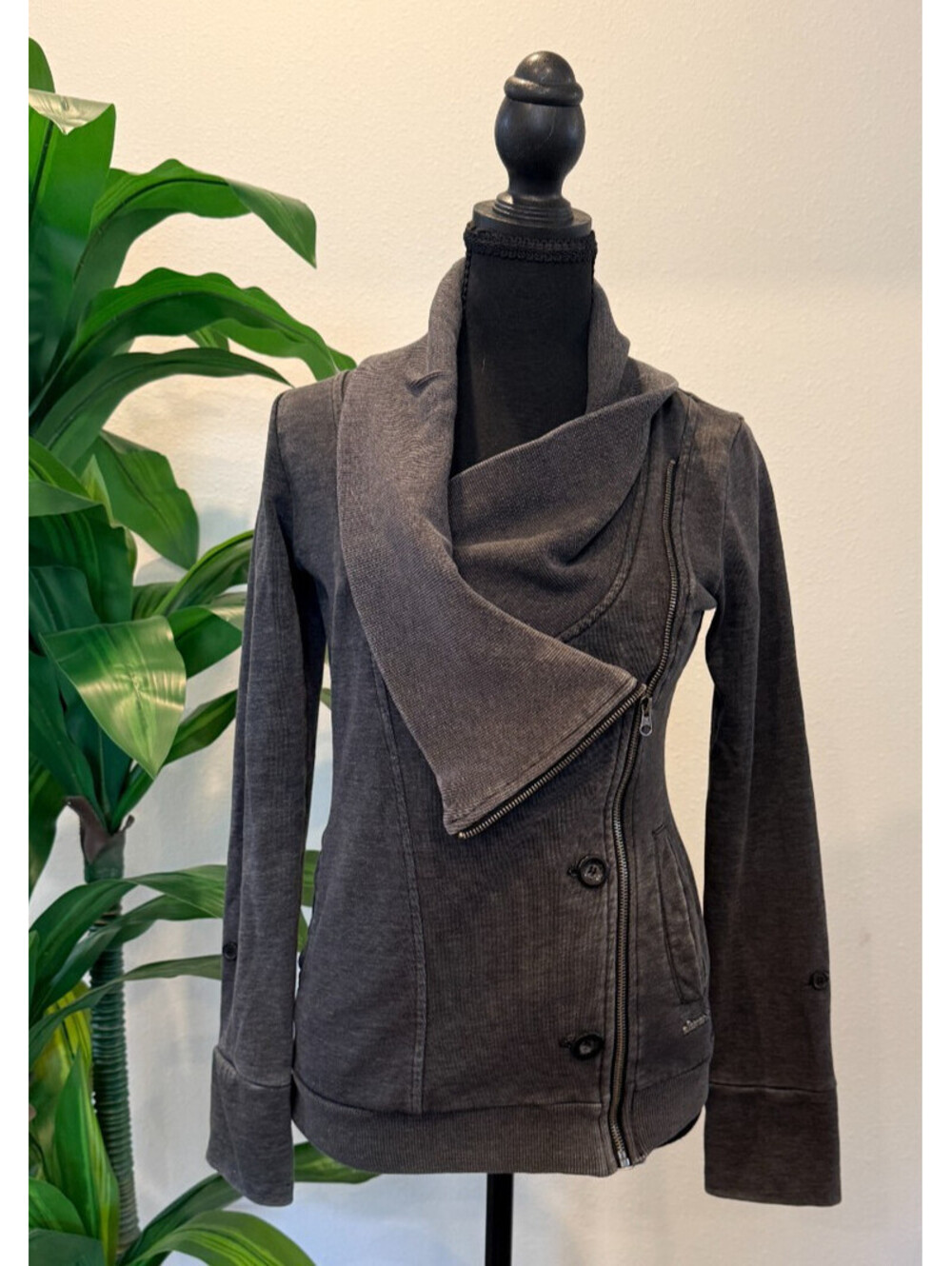 Element Gray Asymmetrical Zip Jacket  Funnel Neck Moto Sweatshirt - Women's Smal